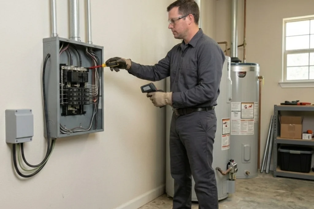 Electrician installing surge protection at electrical panel