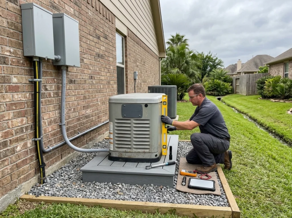 Technician installing elevated standby generator with safe drainage